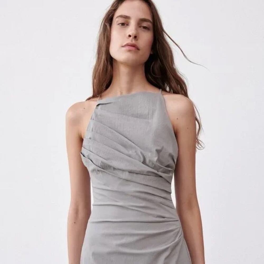 Zara Draped Linen Blend Mini Dress Grey XS - Picture 10 of 11